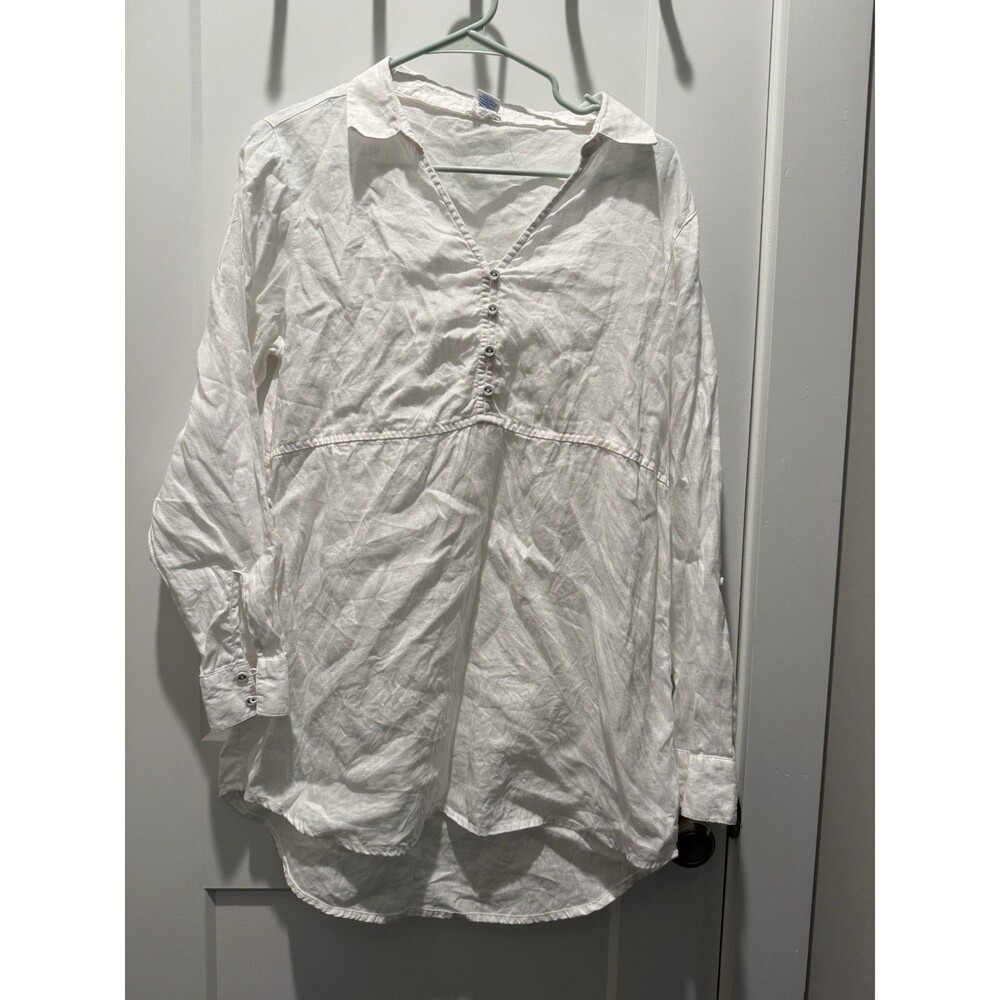 Women’s Cynthia Rowley White Linen Blouse Tunic Roll Tab Sleeve Medium Light